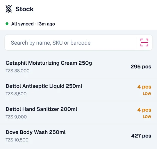 The Duka365 stock list, with low-stock products flagged.