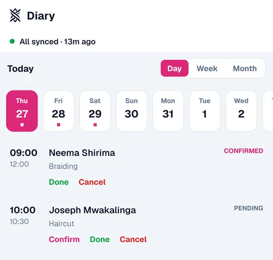 A salon's day in Duka365, with each booking's time, customer and service.