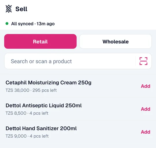The Duka365 till: products listed with their price and what is left in stock, each one a tap away from the sale.